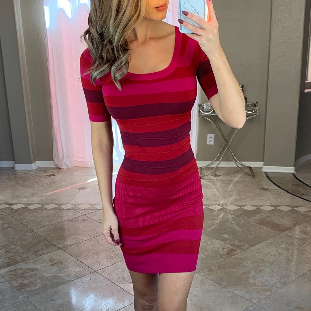 New Red Pink Purple Striped Short Sleeve Dress